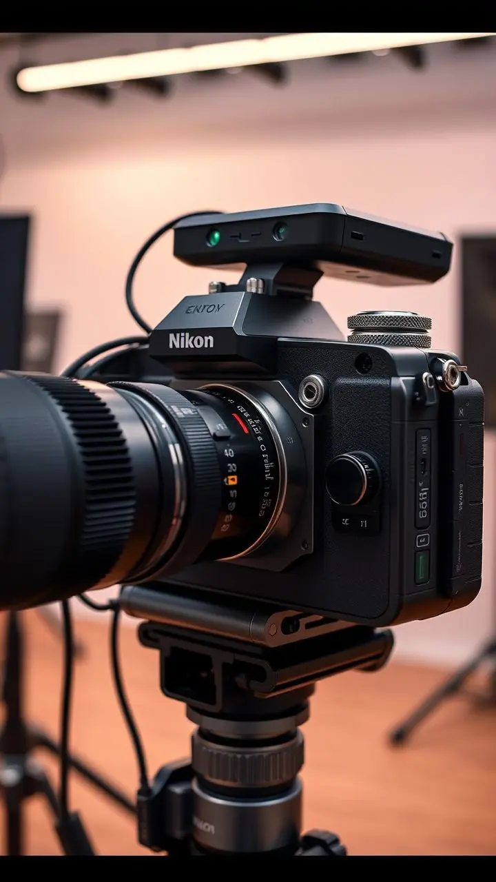 High-tech camera with metallic components and digital displays showing accurate exposure.