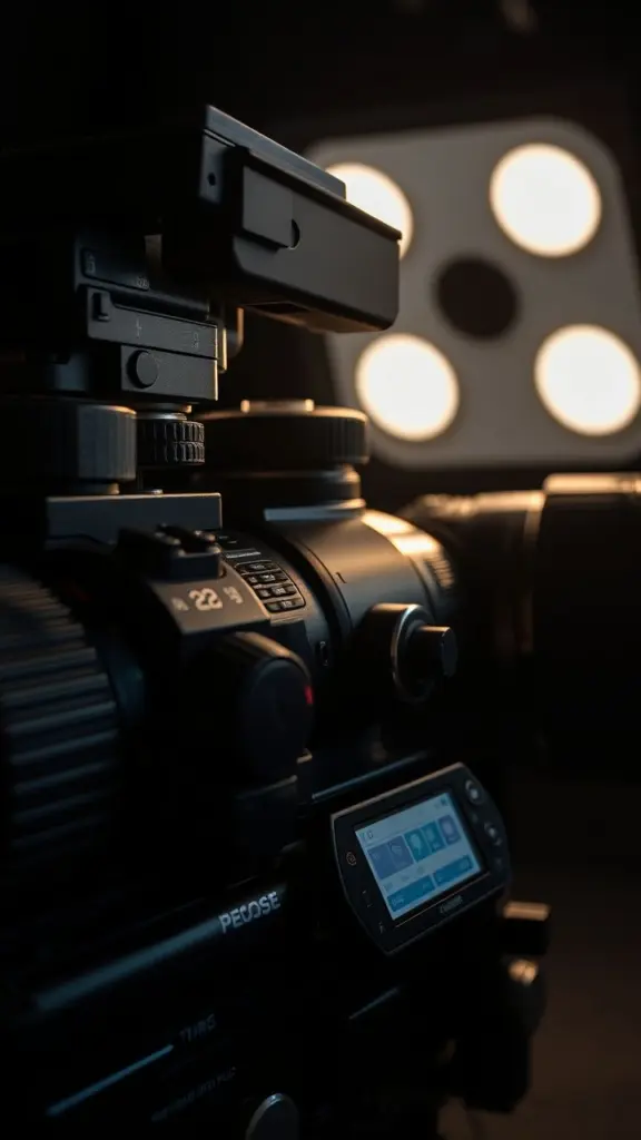 Close-up of camera dials and screens showing exposure control.
