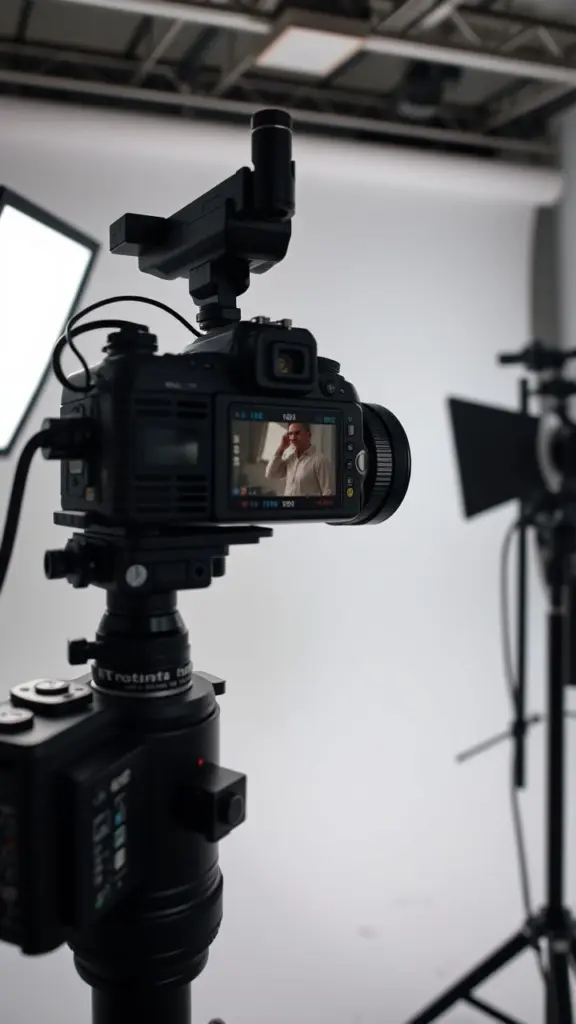 High-end camera with digital interface in a studio, highlighting precise exposure control.