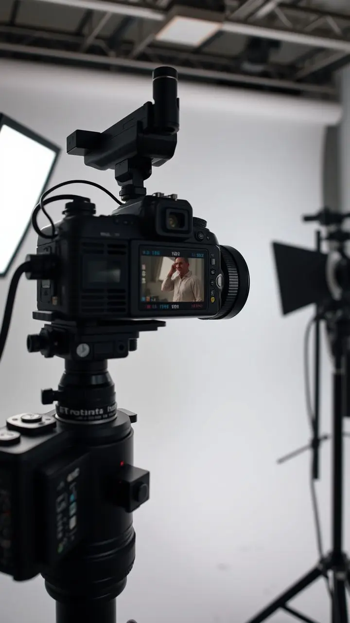 High-end camera with digital interface in a studio, highlighting precise exposure control.
