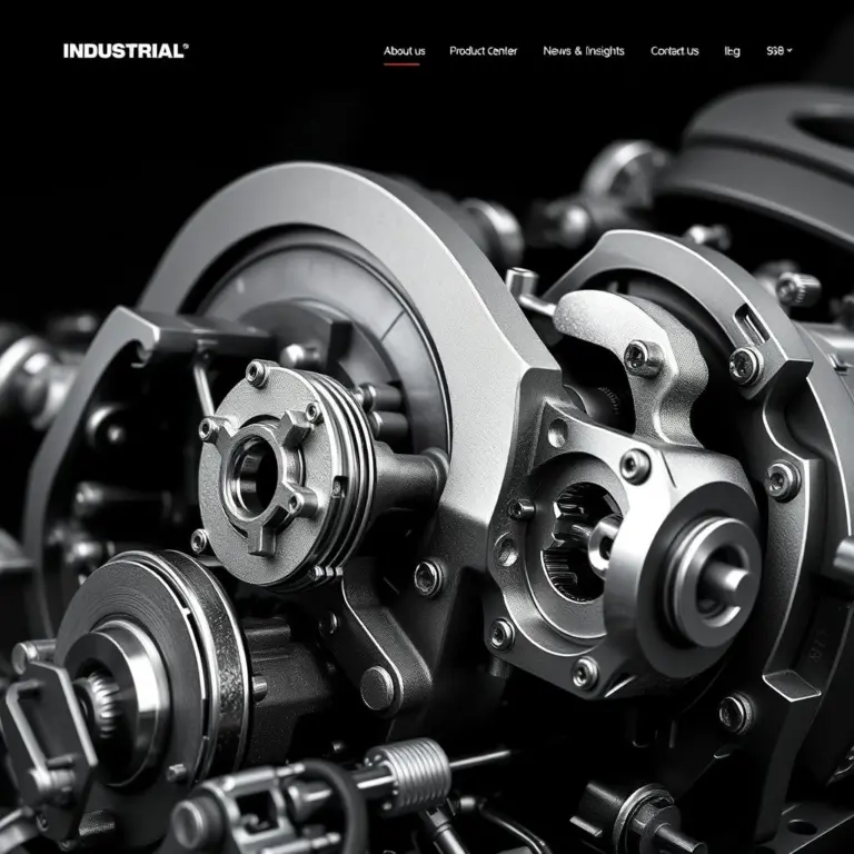 Close-up of precision metal machine parts on an industrial website.
