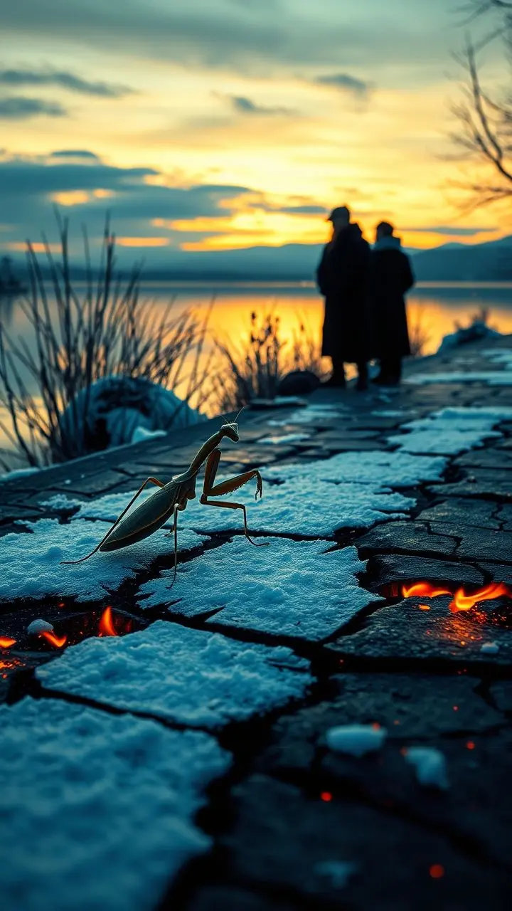 Praying mantis hunting near a snowy lake at dusk, with onlookers and glitch effects.