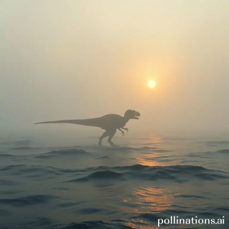 Velociraptors running in foggy prehistoric ocean at sunrise.