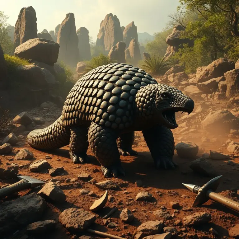 Armored pangolin in prehistoric battle