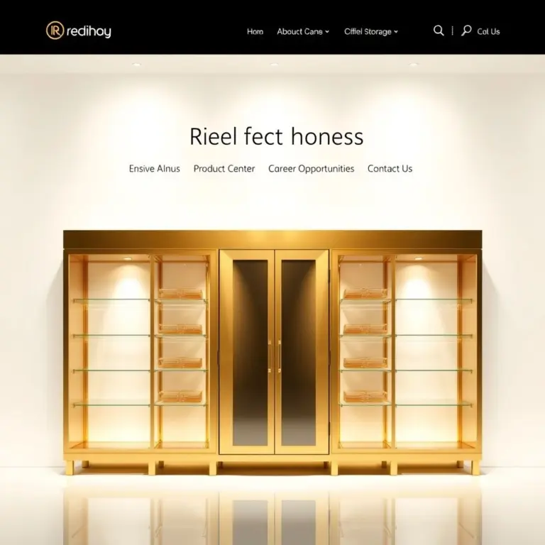 Website hero section with a modern relic storage rack and navigation menu.
