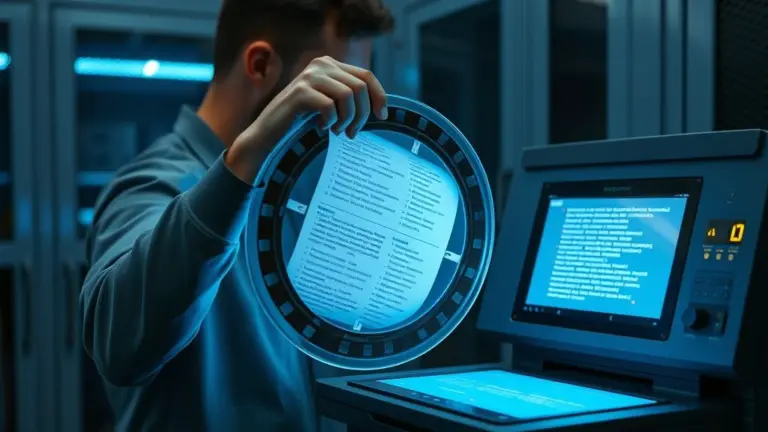 Technician loading microfilm into scanner.