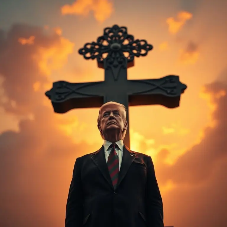 President Trump in front of a cross during sunset.