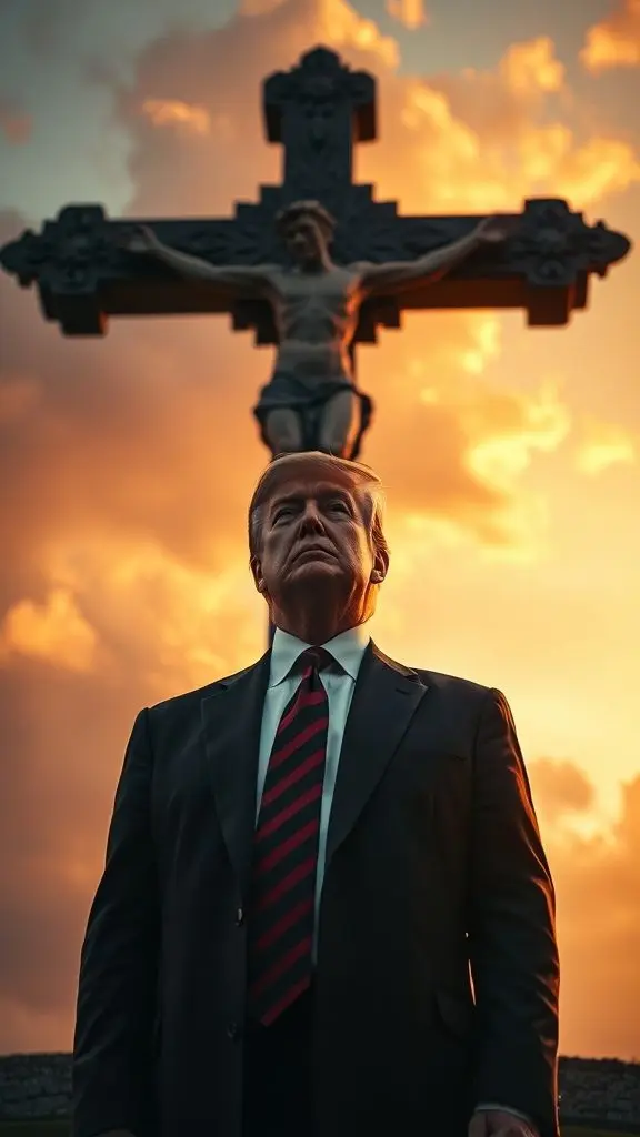 President Trump stands before a cross at sunset.