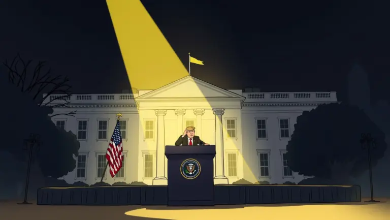 President Trump speaking at a podium with harsh shadows and a bureaucratic background.