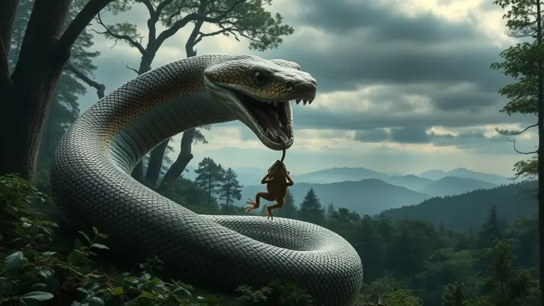 Hyper-realistic snake with a frog in its mouth, detailed forest and mountains.
