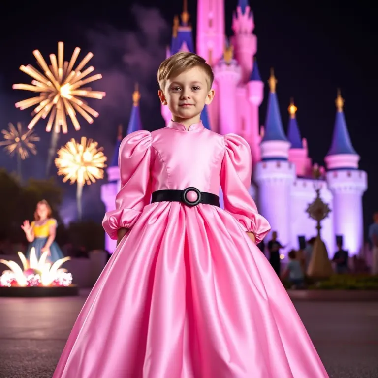 Boy in pink princess dress in front of pink castle with fireworks