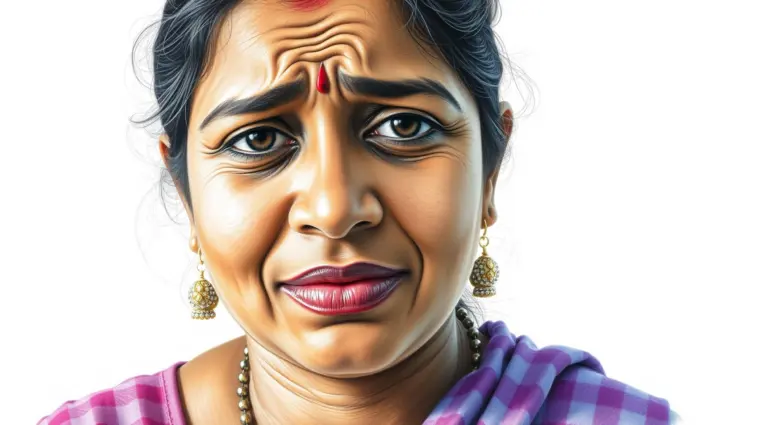 Colored pencil drawing of Priya's face showing relief and sadness.