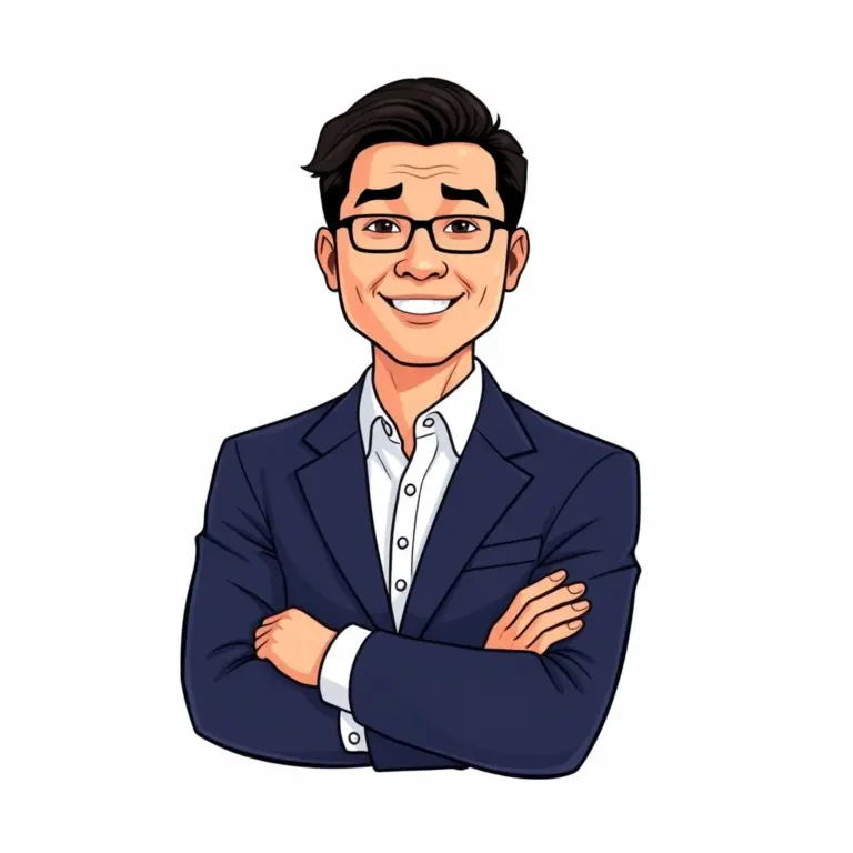 Cartoon avatar headshot of a middle-aged Asian man in a navy blazer.