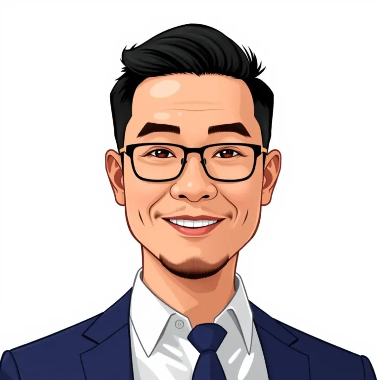 Cartoon avatar of a middle-aged Asian-American man in a blue blazer.