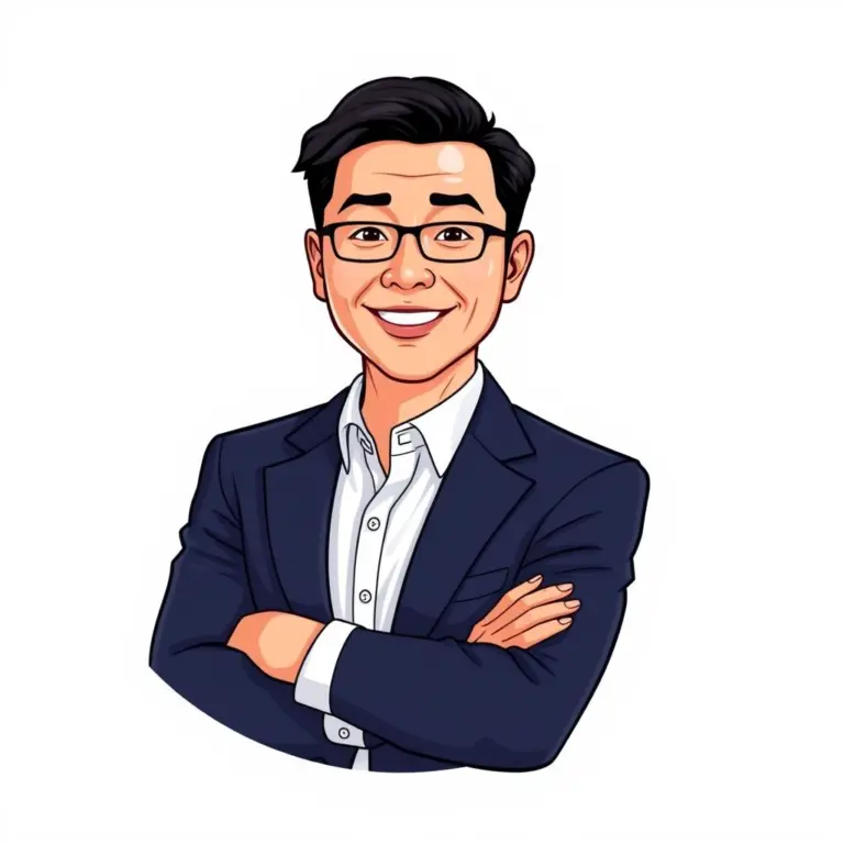 Cartoon headshot of a confident Asian-American man in a navy blazer.