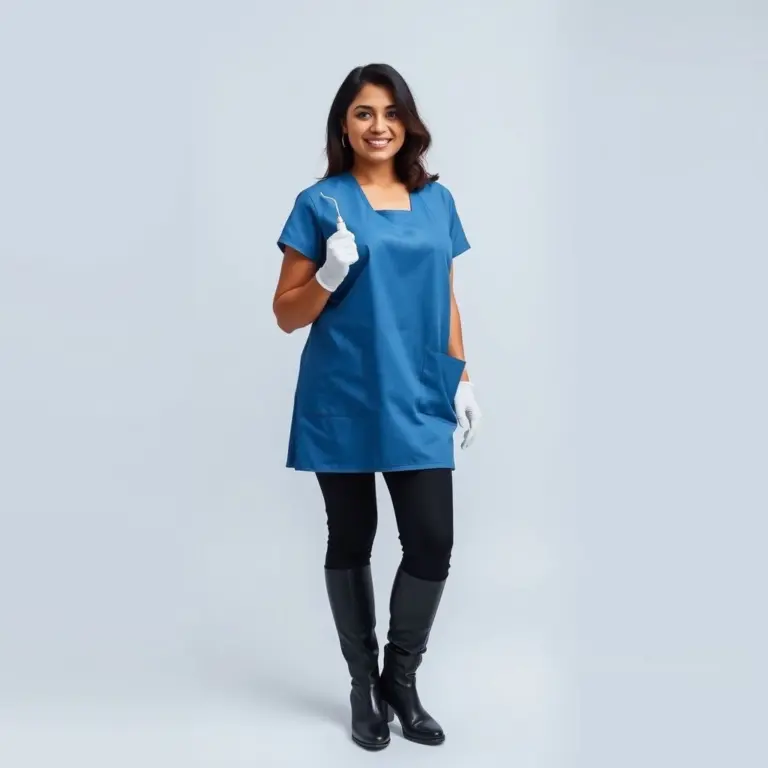 Female dentist in scrubs and ankle boots holding dental equipment.