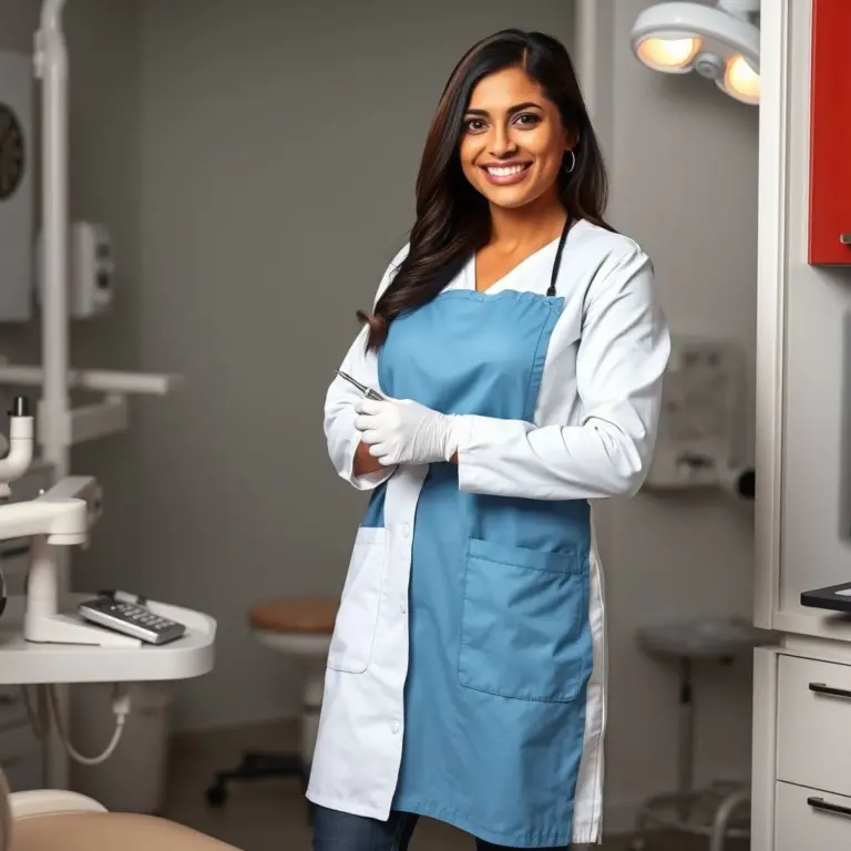 Desi female dentist standing with dental device