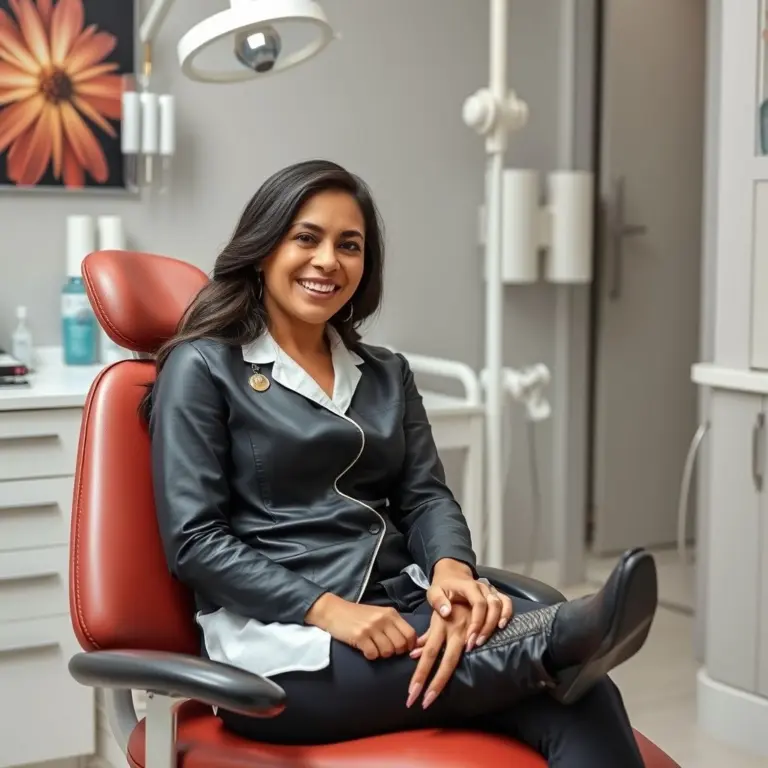 Desi dentist wearing black leather ankle boots.