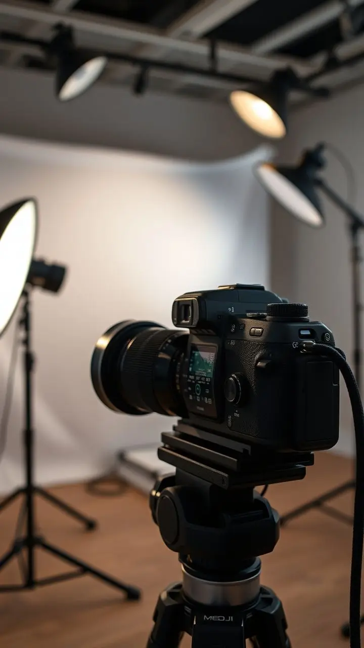 Professional camera and studio lighting for precise exposure.