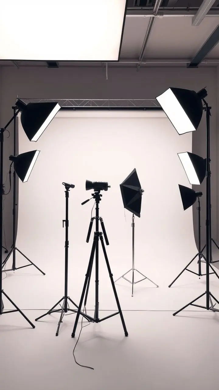 Modern photoshoot studio with professional lighting equipment.
