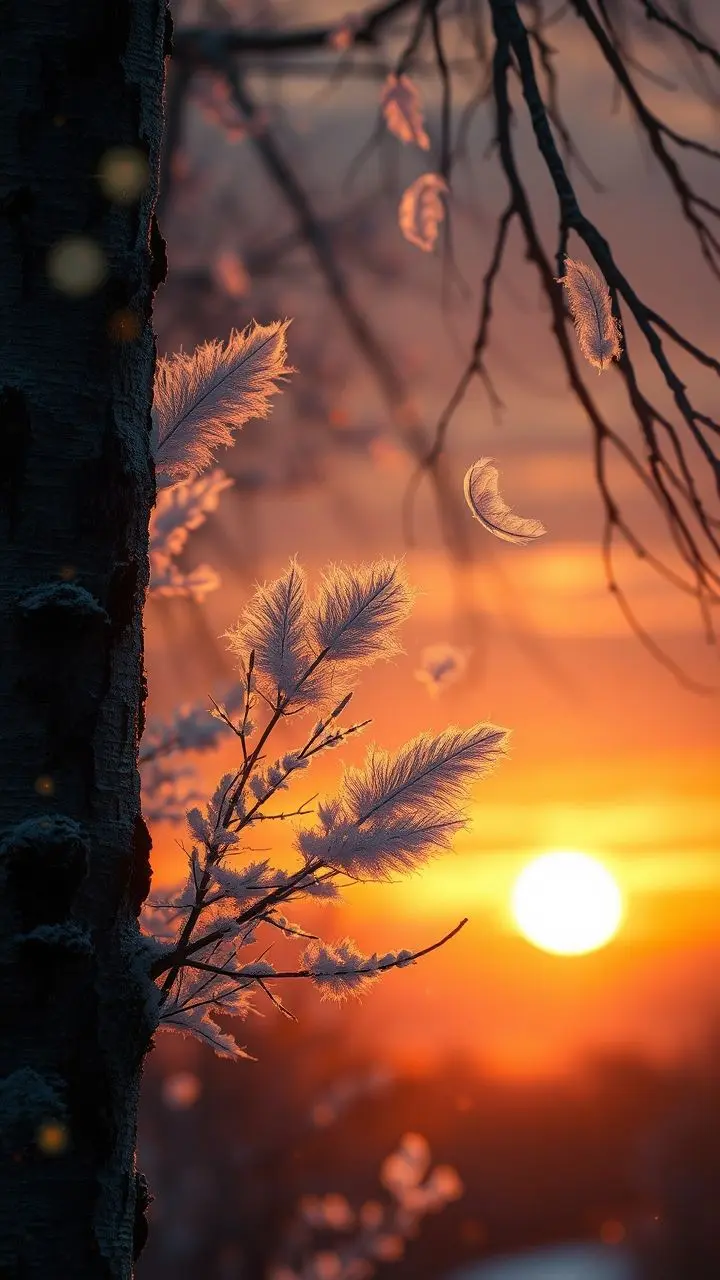 Sunrise with soy sauce colors, rime feathers, and glowing bark.