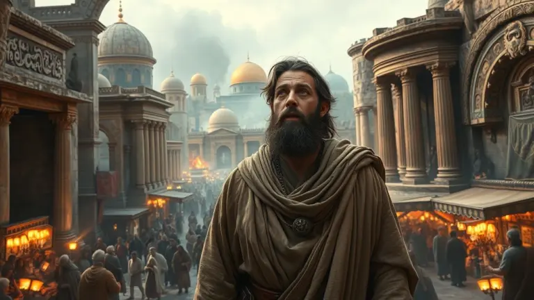 A prophet in ancient robes looking at a chaotic Jerusalem scene.