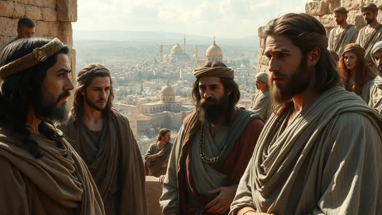 Ultra-realistic depiction of ancient Jerusalem with biblical figures and prophetic symbols.
