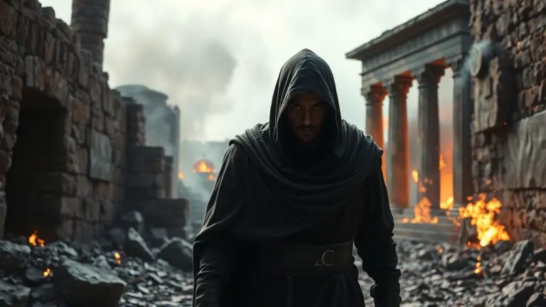 Cloaked figure whispering warnings with burning temple ruins in background.