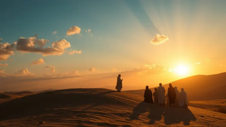 Prophet and followers on a desert hill at sunrise with divine light.