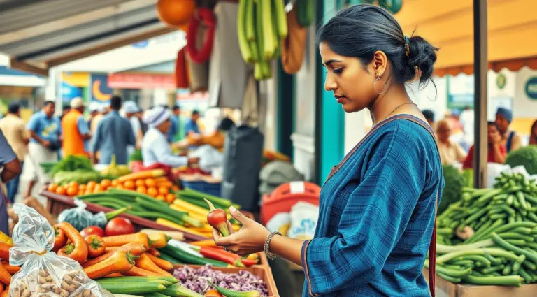 Woman inspecting vegetables at a stall, choosing a cheaper option.