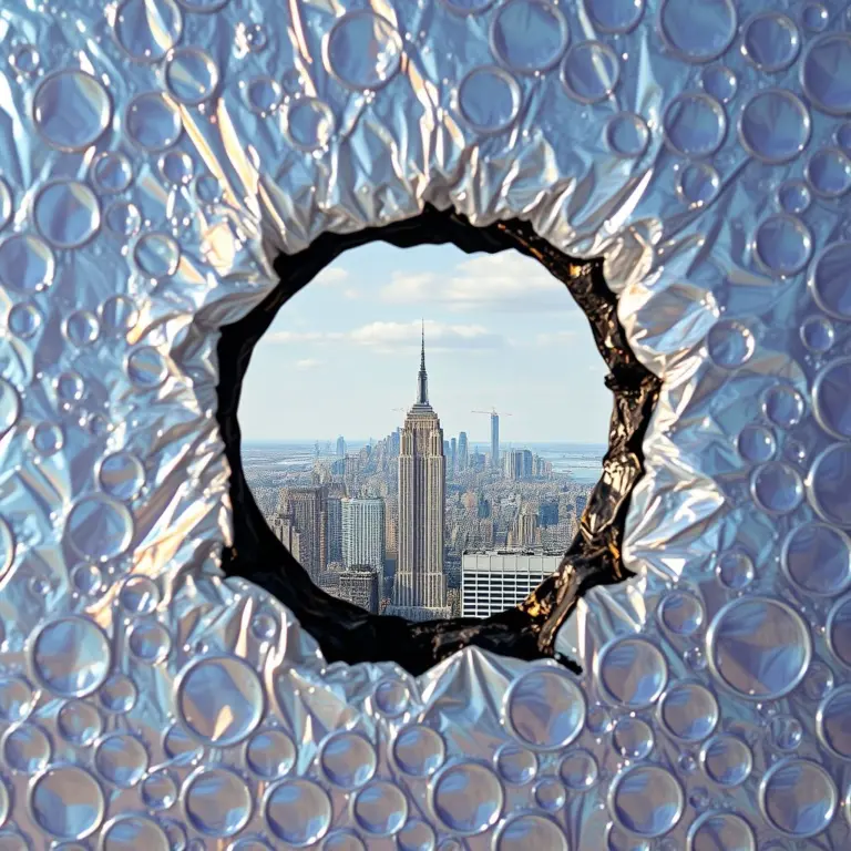Close-up of bubble wrap with a melted hole showing a distorted, colorful city skyline.