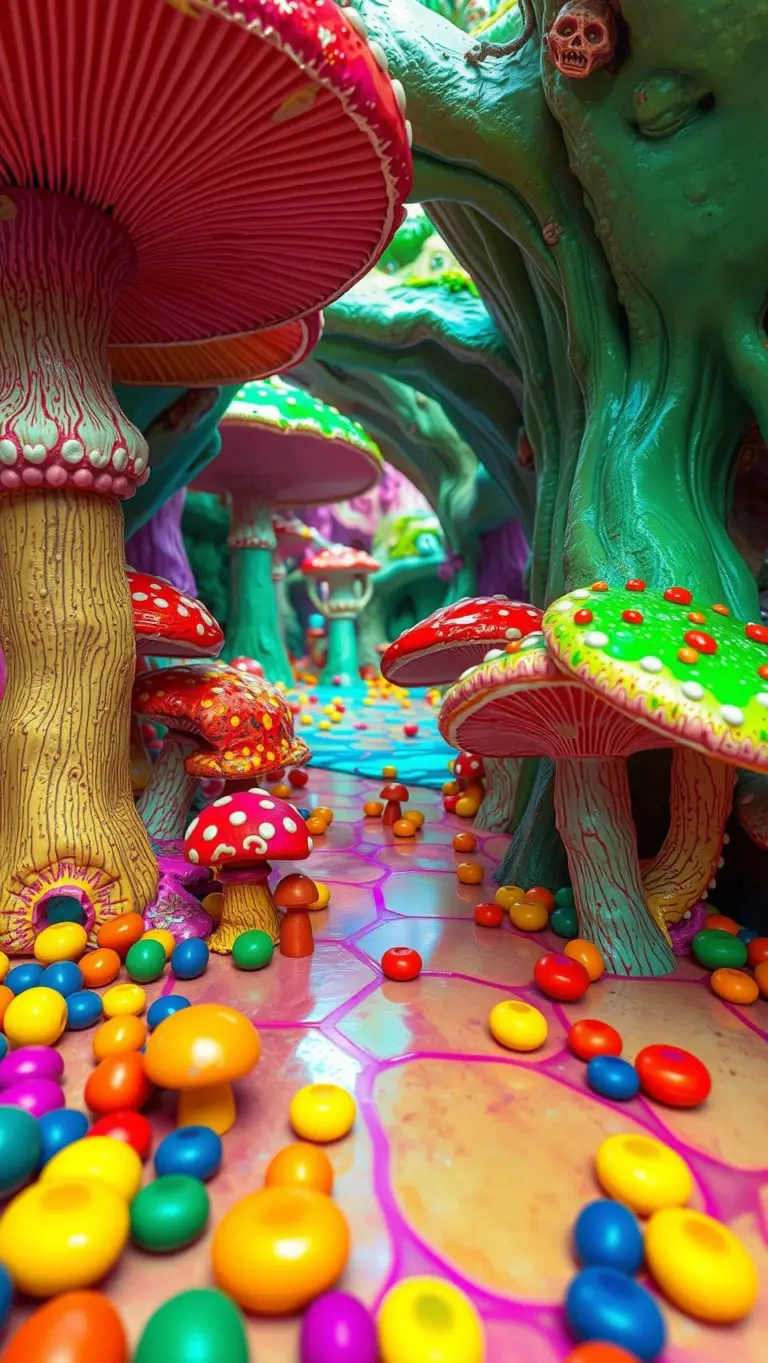 Hyper-realistic psychedelic landscape with colorful rubber mushrooms.