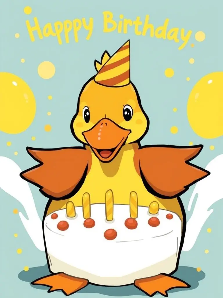 Psyduck character holding a birthday cake.