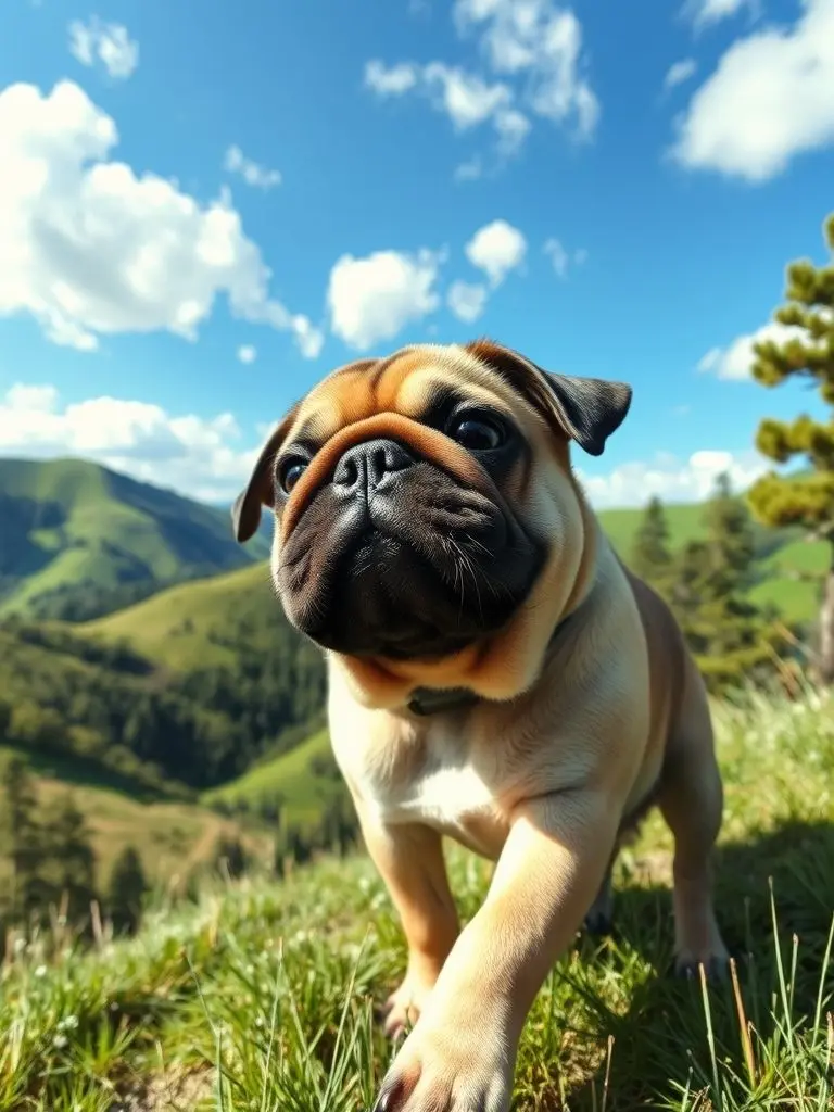 A pug dog happily walking through a green mountain landscape.
