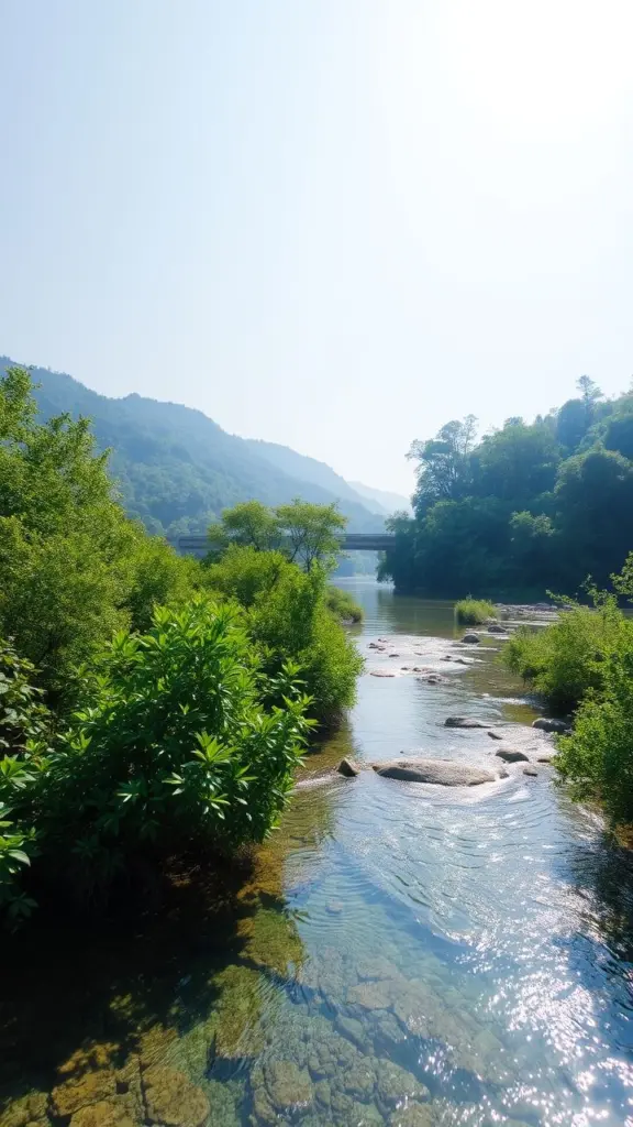 Serene landscape with clear water and lush greenery under a cloudless sky.
