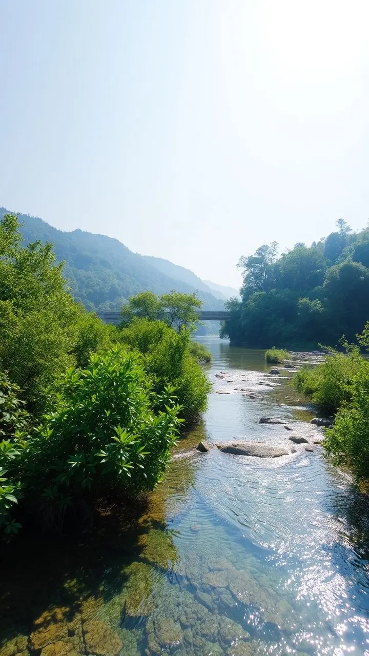 Serene landscape with clear water and lush greenery under a cloudless sky.