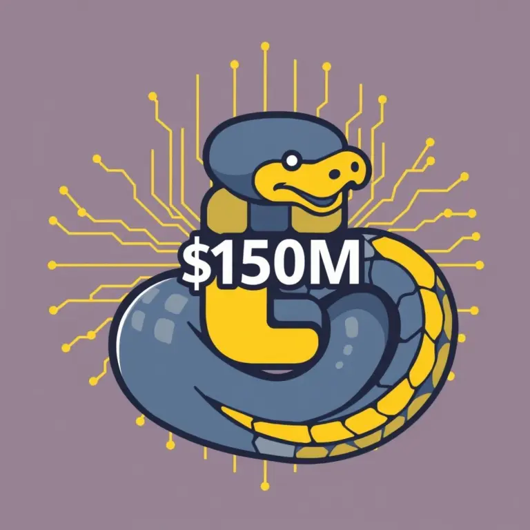 Python snake and AI network graphic with $150M label
