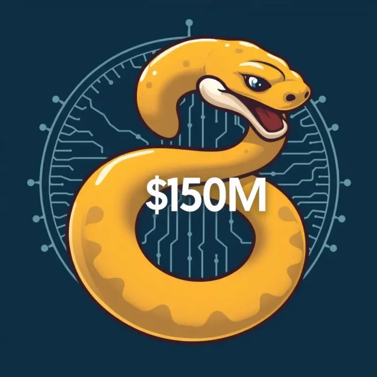 Stylized Python snake wrapped around AI neural network graphic with '$150M' label.