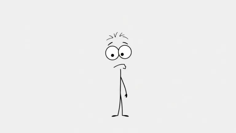 Minimalist line art of a stick figure with large, wide eyes and an odd, smiling expression on a gray background.