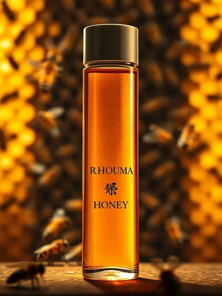 Honey bottle with 'RHOUMA Honey' label in front of a beehive.