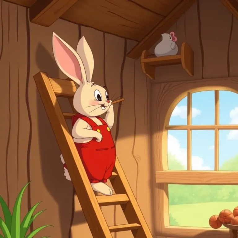 Cartoon rabbit in red overalls climbing a wooden ladder.