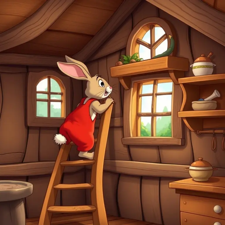 Cartoon rabbit in red overalls climbing a wooden ladder in a wooden house.