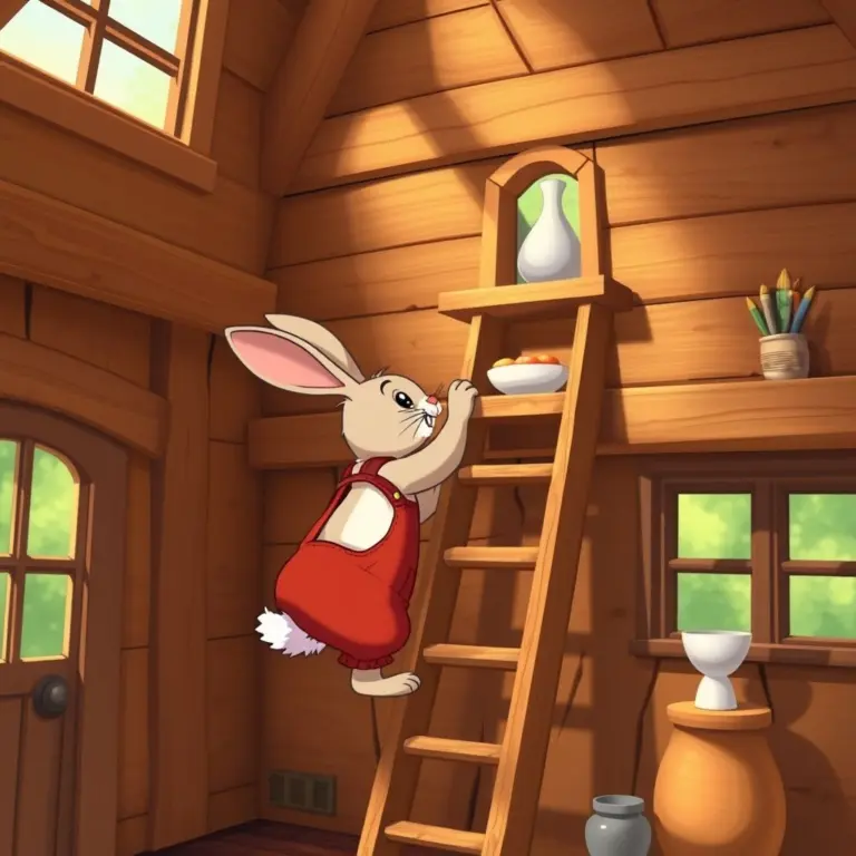 Cartoon rabbit in red overalls climbing a wooden ladder.