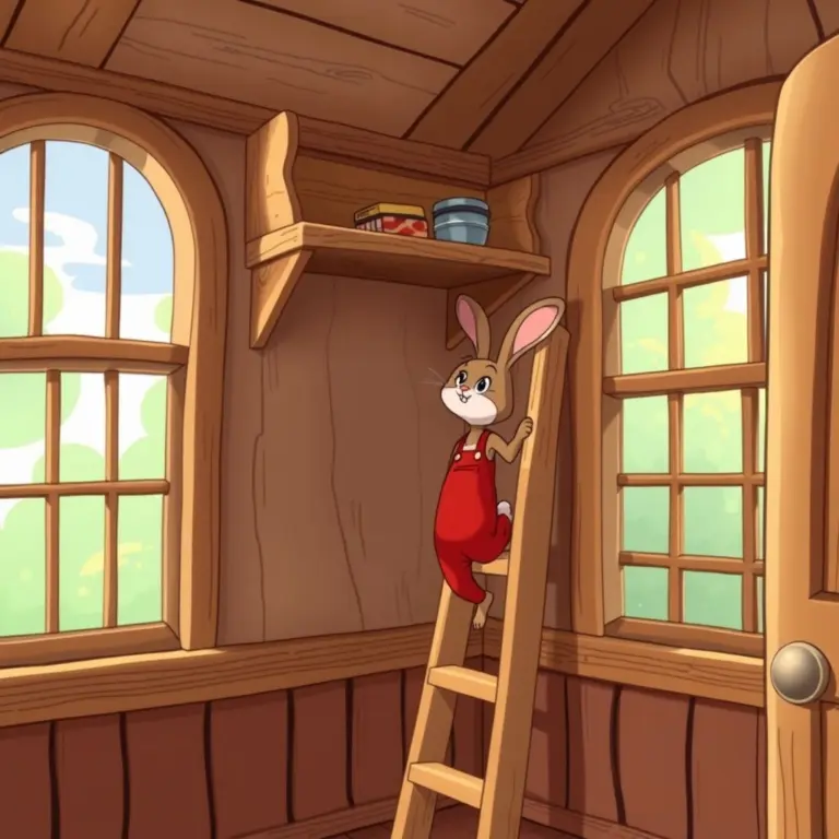 Cartoon rabbit in red overalls climbing a wooden ladder.