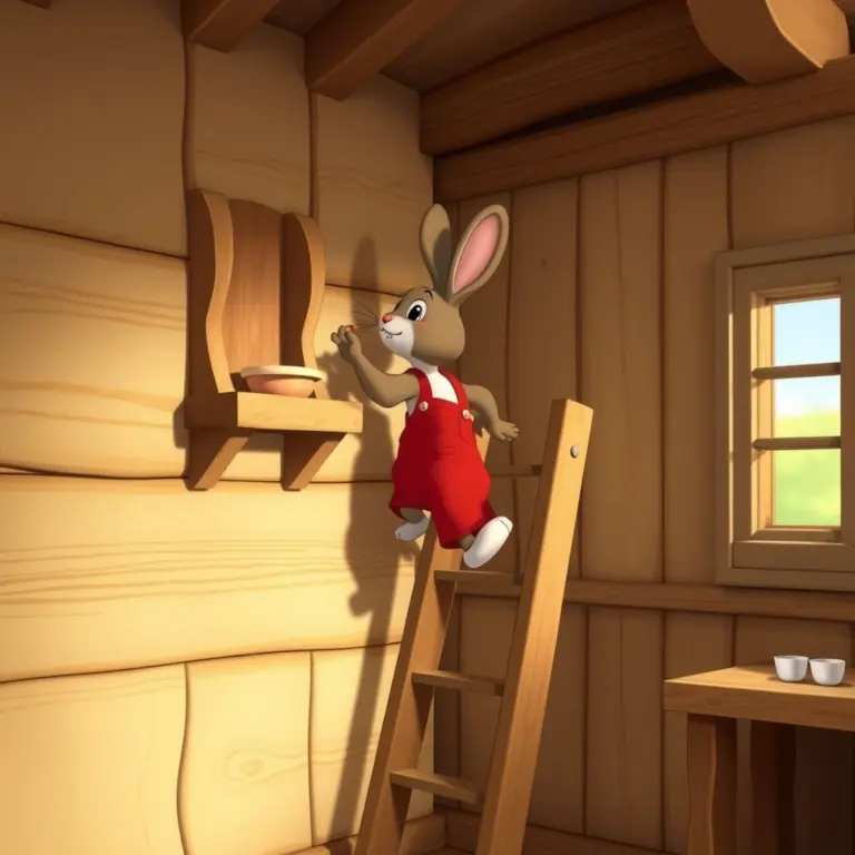 Cartoon rabbit in red overalls climbing a wooden ladder.