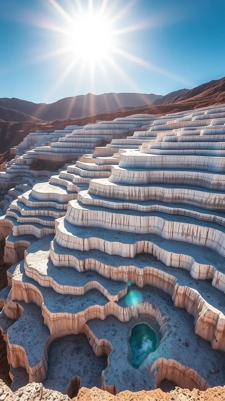 Sunlit carbonate terraces in Badab-e Surt, Iran.