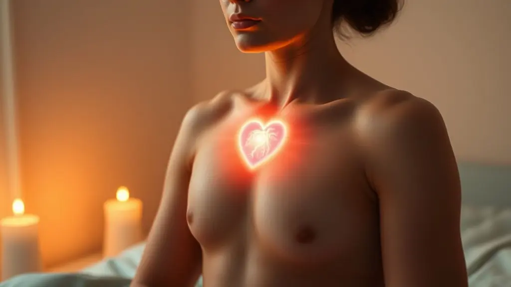 Person focusing on heart with luminous energy aura.