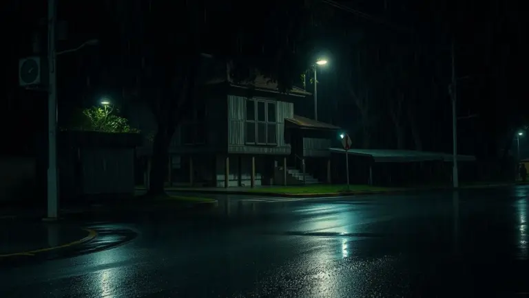 A dark, rainy street in Bangkok at night with wet pavement and an old house in the distance.