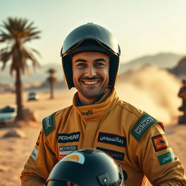 Rally driver smiling, holding helmet, desert background.