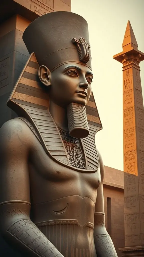 Realistic tattoo design of Ramses II statue and Luxor obelisk.